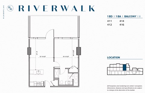 Floor plan for 1 bed, 1 bath, 736 sqft